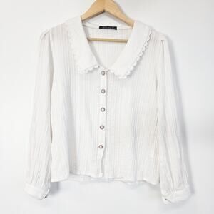 Vintage Simplee White Lace Button Up Blouse Peter Pan Collar Cottagecore M